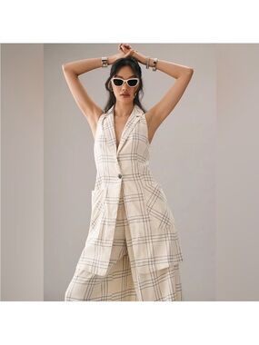 Anthropologie Cream Plaid Wide-Leg Jumpsuit
